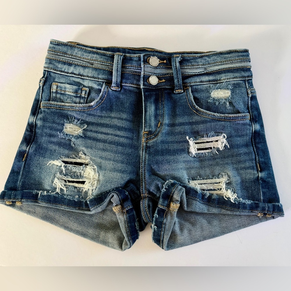 Kancan Youth Distressed Mid-Rise Denim Shorts- Size 14 w/ adjustable waist